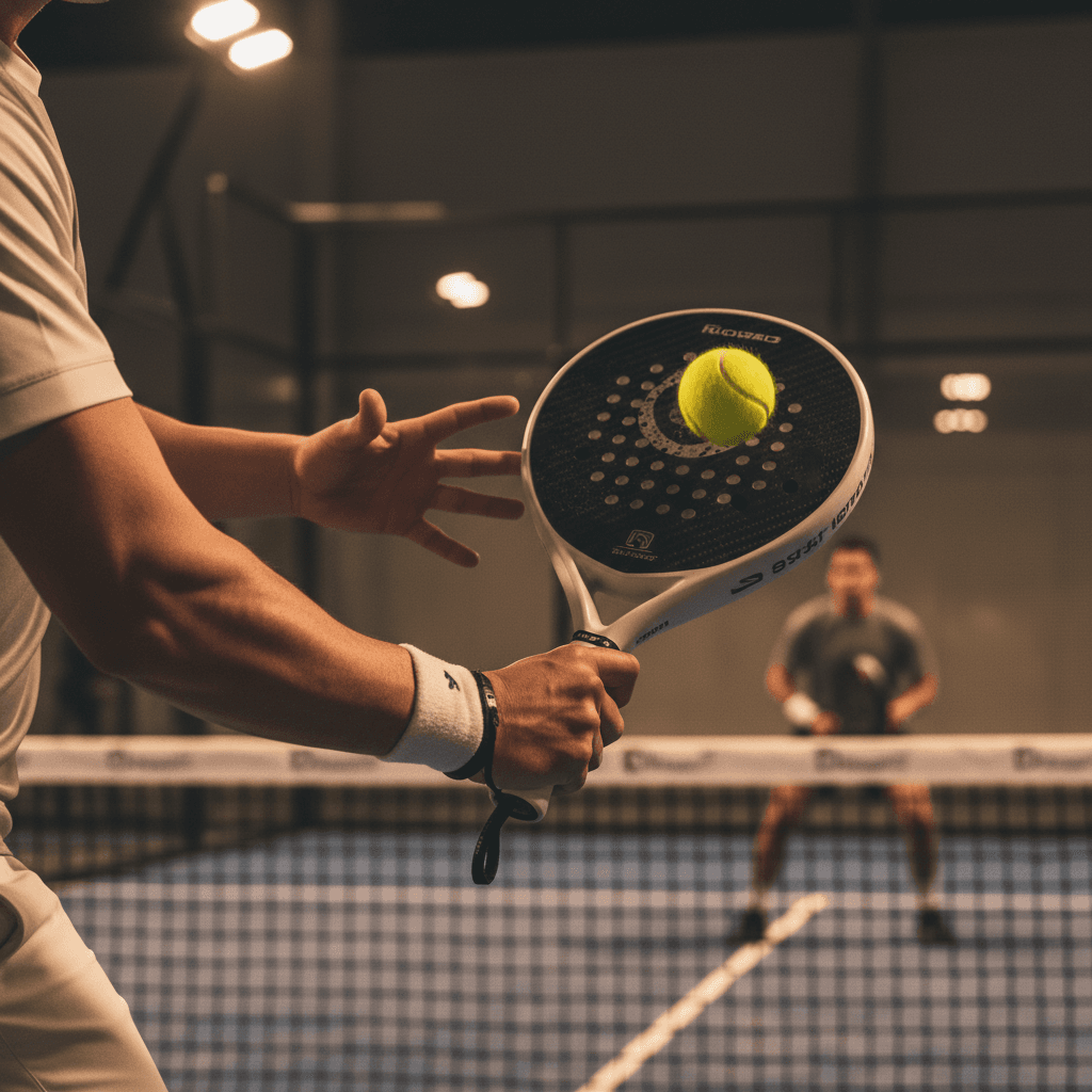Close-up of padel player's hands gripping paddle during dynamic serve with focused athletic intensity and blur court background