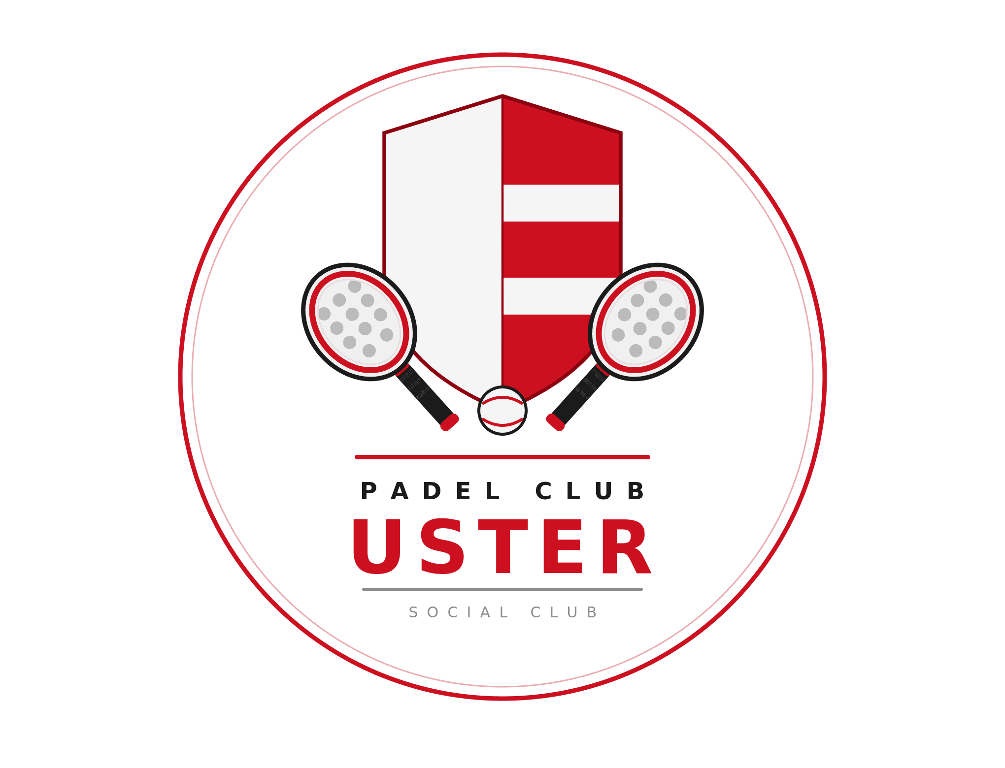 Rundes Logo des Padel Club Uster mit gekreuzten Schlägern, Ball und einem rot-weißen Wappen.